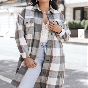 NWT NXH Long Layering Gray and Coffee Colored Plaid Shacket